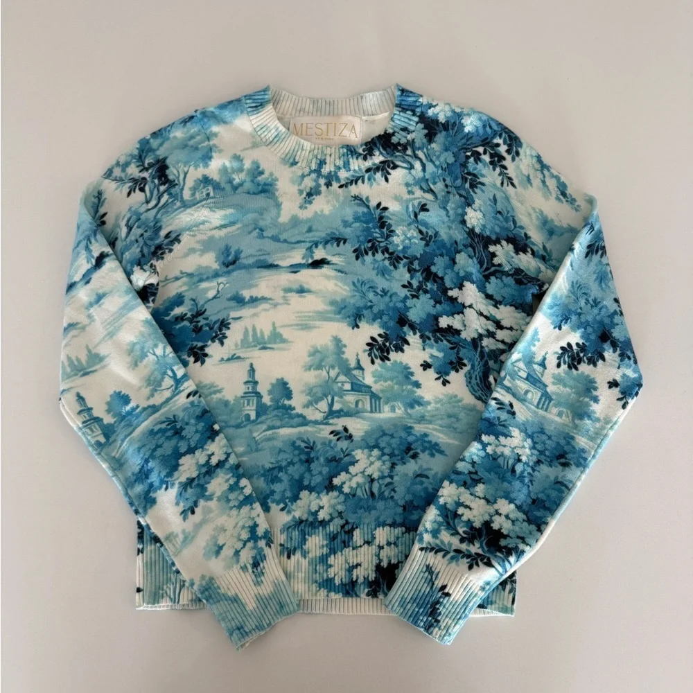 NWT Mestiza Phoebe Blue Toile Scenic Knit Sweater Storybook